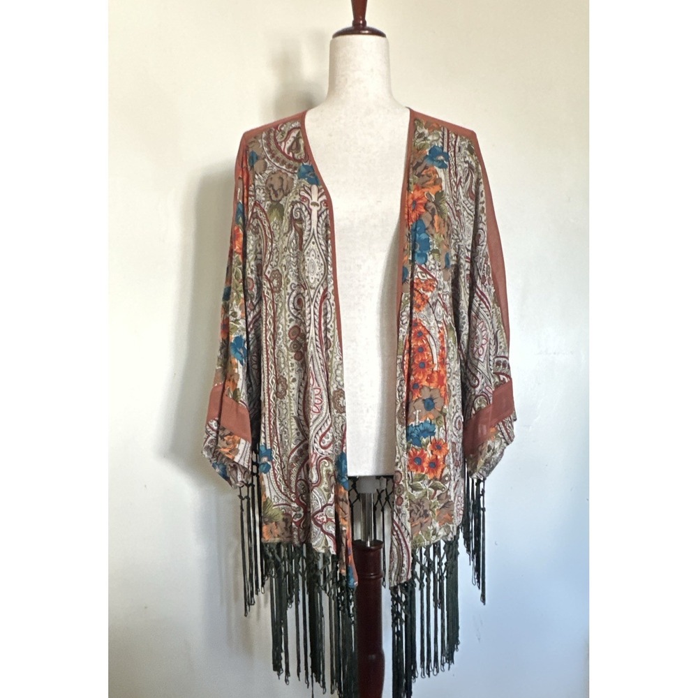 Ryu Women's L Multicolor Paisley Woven Fringe Open Front Kimono 3/4 Sleeve Boho